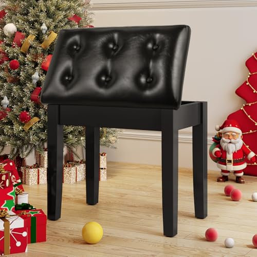 MAMIZO Klavierhocker, Klavierbank 55x35x49CM, Klavierstuhl mit Stauraum, Pianobank mit 4CM Dickes PU-Lederkissen, Massivholz Keyboardbank, Piano Bench Klavier Hocker bis 150KG Belastbar, Schwarz