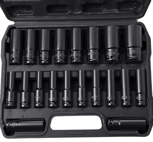 Takezuaa Deep Impact Socket Set 1/2-Inch,20Pcs Drive Impact Deep Socket Set,8mm-32mm Wrench Socket Sets, Metric,6 Point,with Black Storage Box,for Home Car Repair