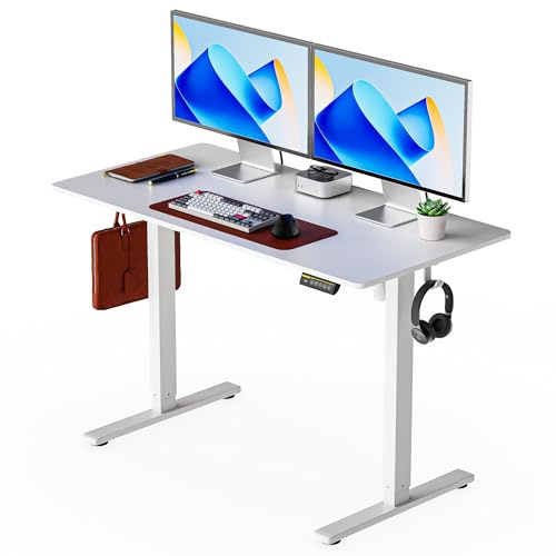 Gamork Electric Standing Desk,48x24 Inches Adjustable Height Stand up Desk, Sit Stand Home Office Desk with Splice Board, 3 Preset Heights,Equipped with Hooks,Ergonomic Computer Desk Workstation，White