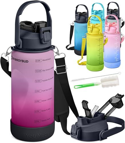 EnergyBud 2.2L Water Bottle | Large Gym Water Bottle For Men & Women With 2 Straws | No BPA, BPS, DEHP | Tritan Material | Dishwasher Safe, Adjustable Strap, Wide Mouth, Silicone Base + 2 Brushes