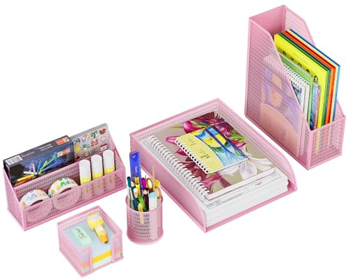 Solinxe 5 Piezas Organizador Escritorio, Metálica Organizador multifuncional Papelería - Documentos A4, Bandeja para Papel, Soporte para Bolígrafos, Soporte para Cartas y Notas Adhesivas (Rosa)
