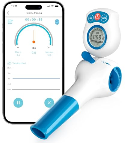 Allenatore polmonare con app, respiratore per polmoni con manometro elettrico e boccaglio di prova e custodia da viaggio | Attrezzo per l'allenamento polmonare migliore | 6 livelli di resistenza | App