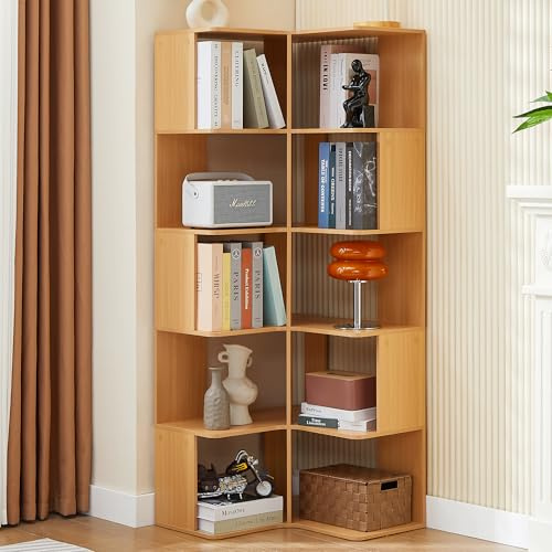 HavenGlide Bücherregal Eckregal Stehend, 6 Etagen Eck-Bücherregal Eckregal Holz, 158cm Großes Standregal Regal, Lagerregal für Wohnzimmer Arbeitszimmer Schlafzimmer Büro