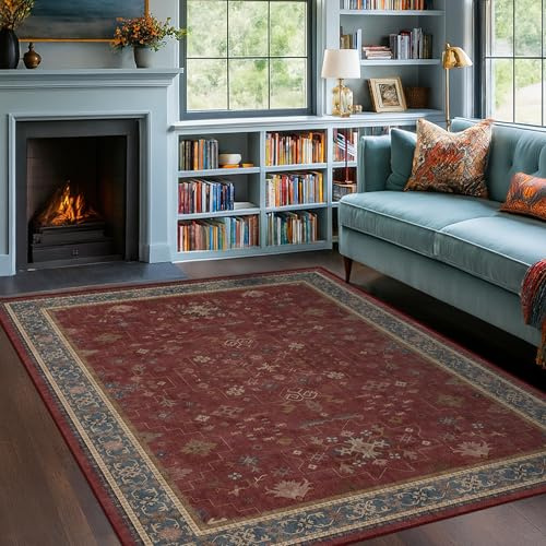 5x7 Boho Dark Red Rug for Living Room - Vintage Oriental Revival Low-Pile Carpet for Bedroom, Dining Table, Home Office, Machine Washable Area Rug Non-Slip with Rubber Back