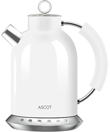 ASCOT Electric Kettle with 5 Variable Presets, Electric Tea Kettle & Coffee Kettle, 100% Stainless Steel Inner Lid ＆ Bottom, 30mins Keep Warm, 2200 Watt Quick Heating, 1.5L (White)