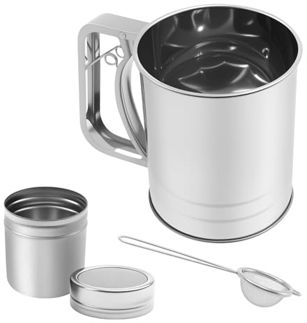 Flour Sieve and Sifter, 3 in 1 Stainless Steel Double Layer Fine-Mesh Powder Shaker with Flour Sieve Cup, Baking Sieves Cup Icing Sugar Duster Chocolate Sugar Powder Strainer for Home Kitchen