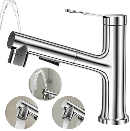 Miscelatore Lavabo Bagno con Doccetta Estraibile, Rubinetto Lavabo Bagno con 2 Getti e Sciacquo Bocca, Rubinetto in Lega di Rame di Alta Qualità, Miscelatore Cromato Antiruggine per Cucina, Bagni