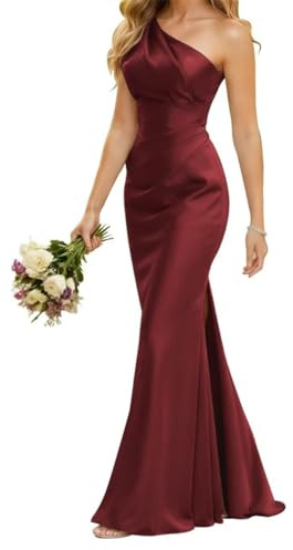 Vestido de dama de honor de satén para mujer, para boda, vestido de graduación, vestido de cóctel con abertura lateral, talla grande, granate, 36