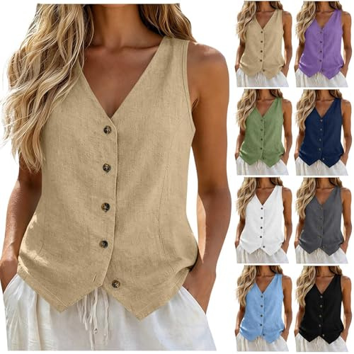 Chaleco de Lino para Mujer,Sin Mangascon Cuello en V Botones,Material de Lino Algod Estilo,Casual Chaleco Suelto Ropa Abrigo Negocios Vacacione Relajado,Ideal para Oficina y Verano,Sólido y Ajustado