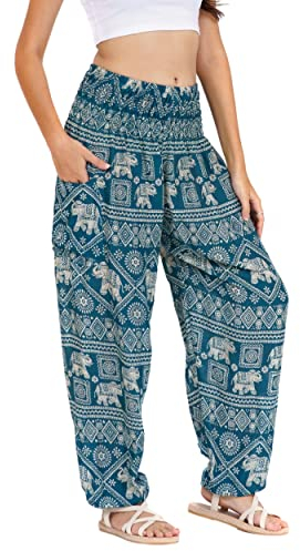 Lofbaz Damen Haremshose Yogahose Pumphose Hippie Hose Boho Kleidung Festival Outfit Sommerhose Leicht Sommer Hosen - Elephant 1 Teal Grün L
