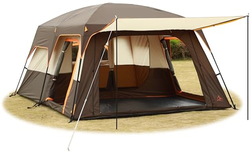 KTT Extra Large Tent 10-12 Person(B),Family Cabin Tents,2 Rooms,3 Doors and 3 Windows with Mesh,Straight Wall,Waterproof,Double Layer,Big Tent for Outdoor,Picnic,Camping,Family Gathering(Brown)