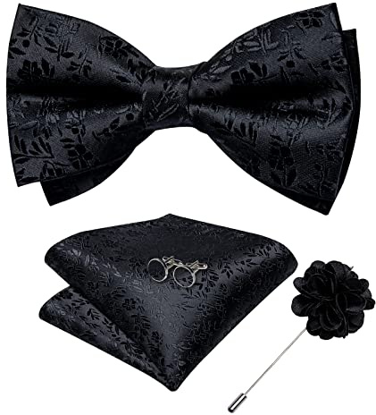 DiBanGu Black Mens Bow Tie Silk Adjustable Bow Tie Pretied Bowtie Set with Pocket Square Lapel Pin cufflinks Wedding Party