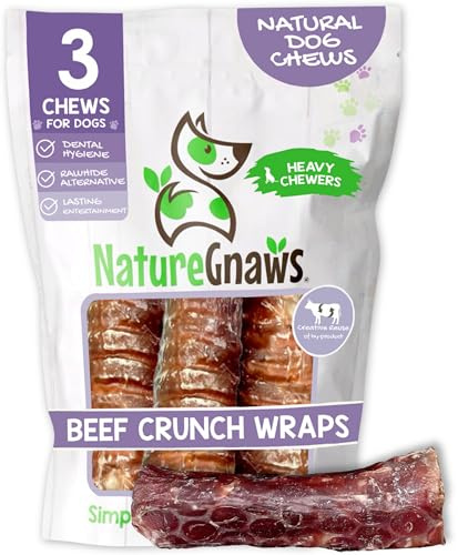 Nature Gnaws Beef Trachea Crunch Wraps for Dogs (3 Count) - Long Lasting Natural Beef Jerky Dog Chew Bones - Rawhide Free