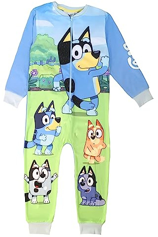 Bluey Onesie para niños o niñas, Ropa de Estar por casa de Forro Polar Todo en uno, Pijama Todo en uno, Azul, Edad 5-6 Años