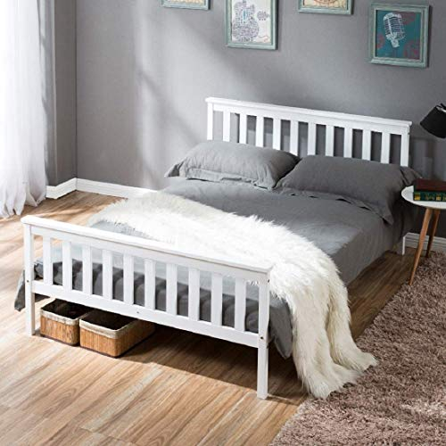 Merax Cama Doble de Madera, 140 x 200 cm, Cama de Madera Maciza, somier, Soporte de Listones de Madera, cabecero, Color Blanco