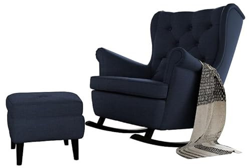 GREKPOL Schaukelsessel mit Hocker Ohrensessel Relaxliege Fernsehsessel Liegesessel gepolstert (10 Knöpfe, Falcone Cobalt)