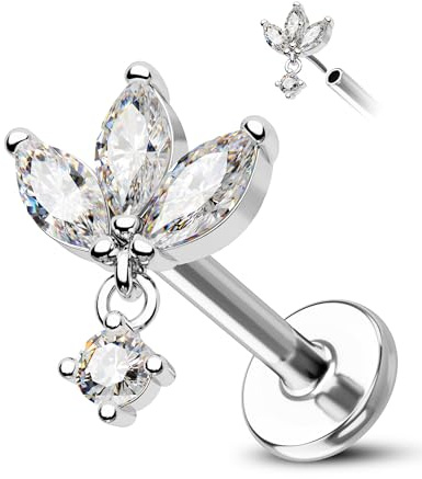 COCHARM Silver Dangling Lotus Flower Helix Tragus Earring Stud 16g 6mm Threadless Cartilage Earring Flat Back Helix Cartilage Piercing Short Bar Tragus Jewelry