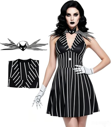 AYYOHON Robe de nuit de Noël pour femmes - Costume de costumade pour adulte - Robe trapèze rayée avec nœud papillon - Uniforme d'Halloween - Taille S