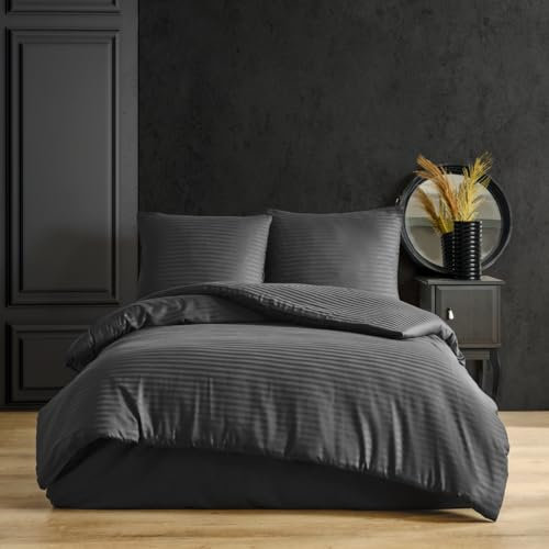 nordqueen Satin gestreift Seersucker Bettwäsche,100% Baumwolle Bettbezug aus Atmungsaktive Winter Bettwäsche Set (geräuchert, 135X200 cm)