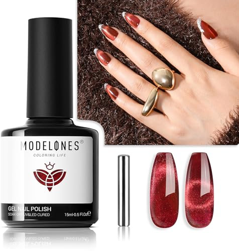 Modelones Gel Nail Polish, 15ML 1Pc Glitter Red Gel Polish Cat Eye Burgundy Sparkle Bloody Soak Off LED Nail Lamp Long Nails DIY Home for Women