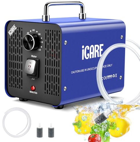 Ozongenerator 45000mg/h Ozongerät mit 2 Modi, Ozongenerator für Wasser und Luft, O3 Ozonisator mit 120 Min Timer für 300㎡ Geruchskiller für Auto, Rauch, Haustiergerüche, Reinigen von Obst Gemüse