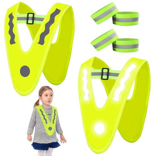 Warnweste Kinder, Reflektoren Kinder, 2 Stück Reflektierende Weste mit 4 Stück Reflektorband, Sicherheitsweste Reiten, V-Form Leuchtweste Kinder für Fahrrad, Sport, Laufen, Auto