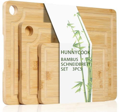 Hunnycook Lot de 3 planches à découper en bois avec rainures profondes et poignées intégrées, planche à découper en bois durable, planches à pain et planche à découper en bambou, cadeaux pour la