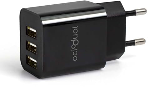 OcioDual Cargador USB, Cargador Carga rapida, Carregador USB Charger, Cargadores Moviles Carga Rapida. Fast Charger, 3X Puertos, 2.4A, 10W, Tablets, Smartphones, Negro