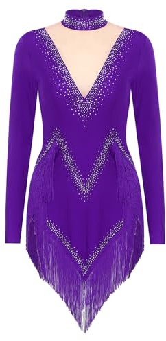 Runhomal Vestido de Baile Latino para Mujer con Strass, Manga Larga, Traje de Baile Tango, Patinaje, Ropa de Baile S-XXL, morado, M