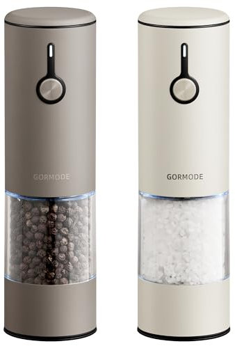 Premium Stainless Steel Electric Salt & Pepper Grinder Set – USB Rechargeable, One-Hand Operation, Adjustable Coarseness, LED Light, Dust Cover – Modern Brown & Cream Kitchen Essentials