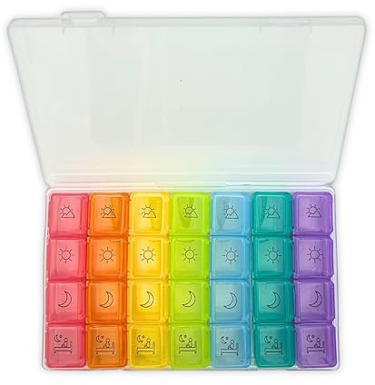 Pastillero Semanal 4 Tomas Diario - Organizador de Medicamentos en Pictogramas de Colores por Día, Caja de Pastillas de Viaje Duradera y Portátil, Ideal para Medicación Regular