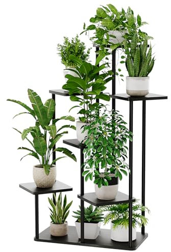 Bamworld Blumenständer Schwarz Hoch – Pflanzenständer aus Metall mit 7 Ebenen – Platzsparendes Pflanzenregal für Wohnzimmer, Balkon und Ecke – Blumenhocker & Deko Regal für Innenbereich