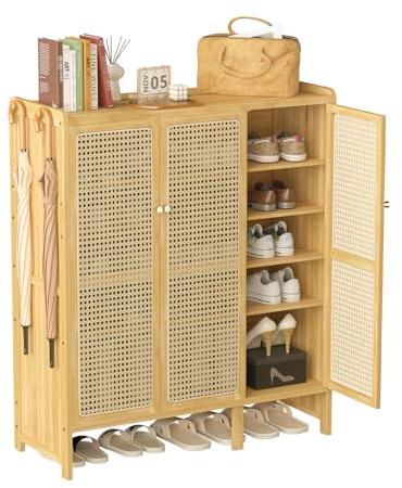 unho Bamboo Shoe Storage Cabinet: Wooden Shoes Rack Organiser with 3 Rattan Doors for Hallway Entryway 5 Tier
