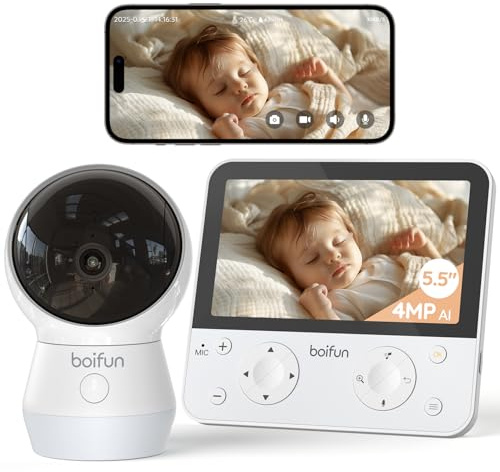 Boifun Baby Monitor 5.5’’ Video Audio con Telecamera 4MP 360° Zoom 4X, WiFi, App controllo fuori casa, AI Intelligente, Audio Bidirezionale, Temperatura & Umidità, Luce Notturna, SD, Batteria 4000mAh