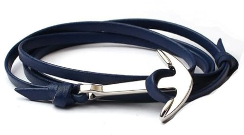 Silver Ankare Armband Blå Lädersnöre