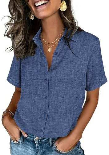 Zeagoo Business Casual Outfits for Women Short Sleeve Button Down Shirts Summer V Neck Tops Navy Blue Blouses 2026