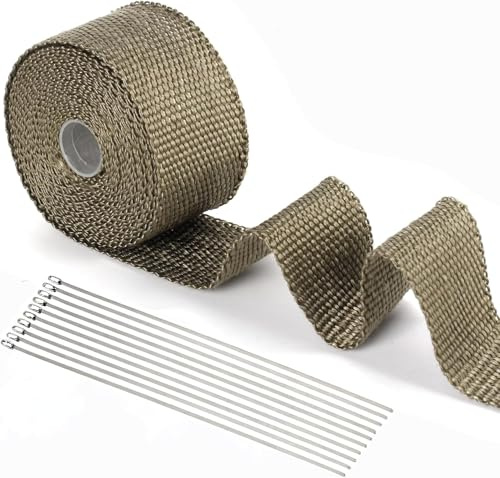 Eulihent 5M Auspuff Dichtband Krümmer Hitzeschutzband Auspuffbandage Titan Hitzeschutzband aus Basaltfaser Auspuffband Isoliert mit 10 Kabelbinder Edelstahl