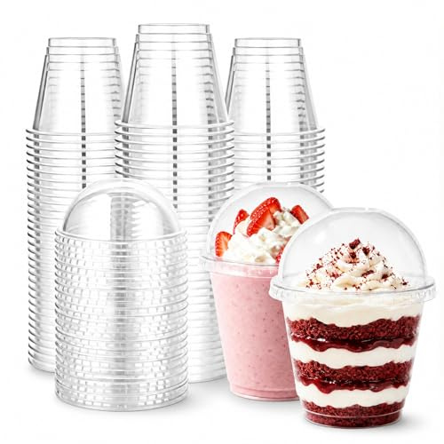 YuLiMirich 50 stycken dessertglas i plast med lock, 270 ml dessertkoppar i plast återanvändbara, runda dessertkoppar genomskinliga parfait förrättskopp med skedar för pudding mousse fest