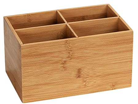 WENKO Bambus Box Terra 4 Fächer, Aufbewahrungsdose für Schmuck, Bürobedarf & Kosmetik, übersichtliche Aufbewahrung von kleinen Utensilien in vier Fächern, ideal für das Bad, 22 x 12 x 14 cm, Natur