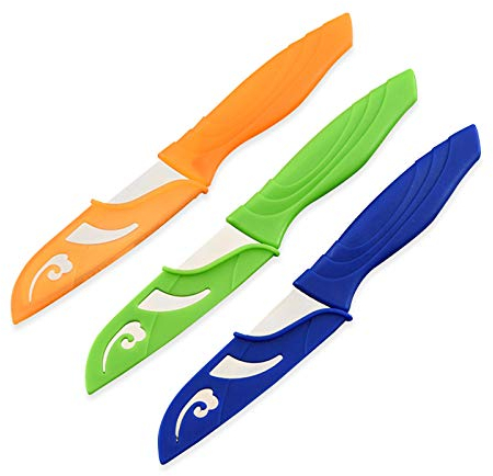Fruit Knife, 3 New Sharp and Durable Small Kitchen Knife, Comfortable Non-Slip Handle, with Breathable Protective Cover, Suitable for Most Types of Vegetables and Fruits (Blue, Orange, Green)