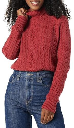 Amazon Essentials Pull Col Roulé en Maille Torsadée Style Irlandais (Grandes Tailles Disponibles) Femme, Rouge Foncé, M