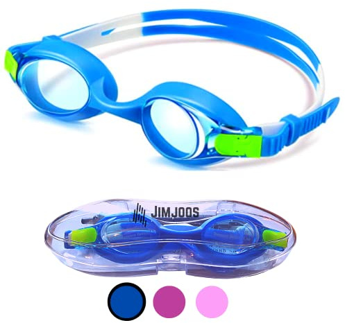 JIMJOOS Swimming Goggles For Kids - Anti Fog, Waterproof, UV Resist Swim Goggles - Quick Adjustable Strap and No Leaking Kids Goggles For All Ages With Protective Case (BLUE)