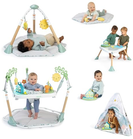 ​Ingenuity 6-in-1 Baby-Spielcenter – Multifunktionales Aktivitäts-Jumperoo – Umwandelbar in Spielgym, Spielhaus & Spieltisch – Inklusive Spielbügel & Bauchlagekissen – Natur-Thema – Für 0-24 Monate