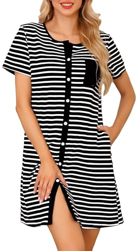 Lovasy Nightdresses for Women UK Cotton Nightdresses&Nightshirts Stripe Ladies Nighties Button Down Nigh Dress Short Sleeve Cotton Nighties Nightwear with Pockets,Black,S
