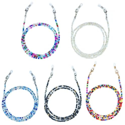 UEPOA 5 Stück Brillenkette Damen, Brillenkette Perlen Bunt Brillenschnur Rutschfest Halsband Damen Herren Maskenkette Sonnenbrillenkordel Umhängeband Brillenzubehör