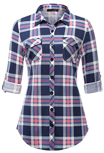 DJT Damen Weiches Gestrick Karierte Bluse Langarm Oberteile Roll Up Ärmel Hemdbluse Tunika Button Down Blusen Top Blau-Rosa M