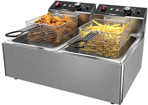 Commercial Deep Fryer with Baskets Stainless Steel Double Deep Fryer with 2 Baskets Capacity 10L X 2(21.3QT) Electric Countertop Fryer for Restaurant and Home Use, 110V 3400W