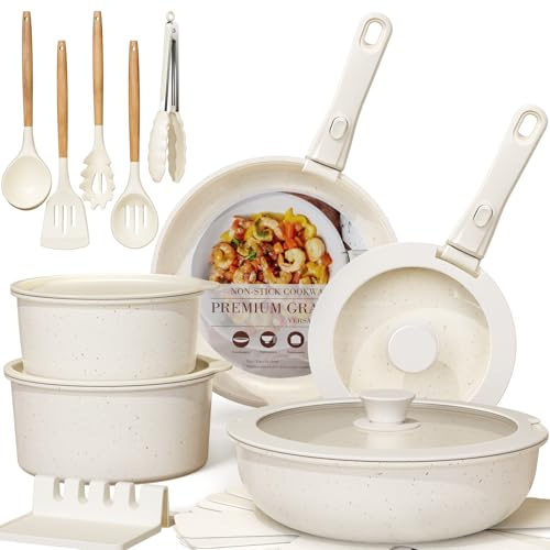 Astercook Ceramic Non-stick Cookware 21 Pcs Pots and Pans Set, Detachable Handle, RV Kitchen Non Stick Cooking Set Removable Handles, Oven Safe, Induction Ready, Stackable, Cream White