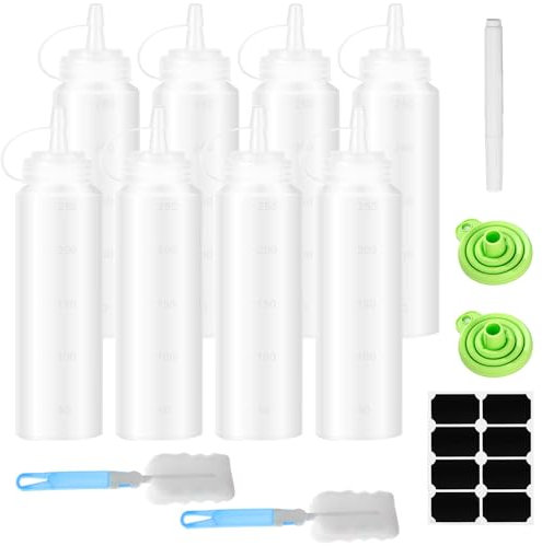GAOHAN 8 Pack Squeeze Bottles 250ml (8oz) Leak-Proof with Caps – Food Grade Squeeze Condiment Bottles for Sauce, Ketchup, BBQ, Salad Dressing, Paint, Oil, Icing, Crafts & More (Includes Funnel)