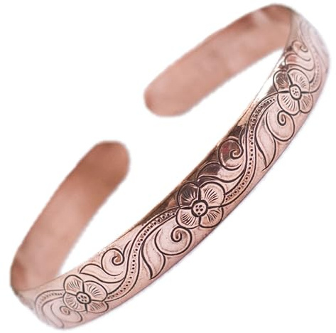 Generico Bracciale in Rame Floreale Intagliato a Mano, Bracciale Minimalista Avvolgente, Stile Boho, Unisex, Gioielli Curativi in Rame Puro, Realizzato in Nepal